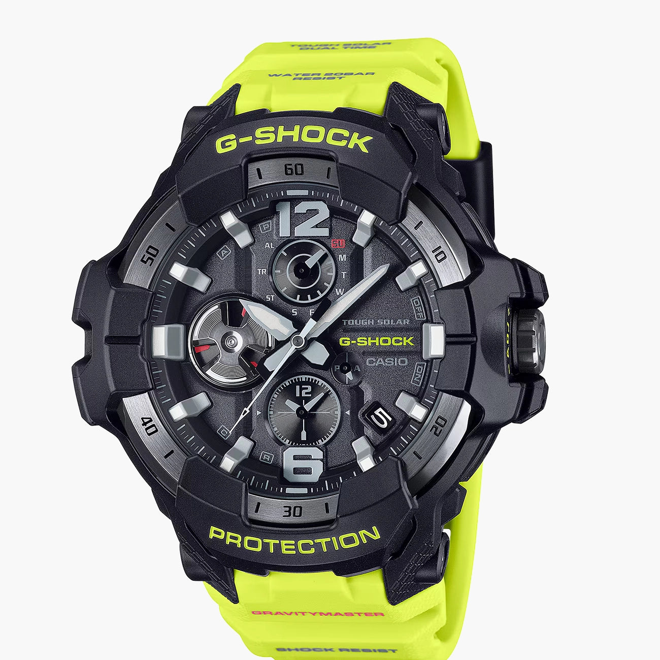 G-Shock Gravitymaster aviation watch with black dial and yellow bezel, front view
