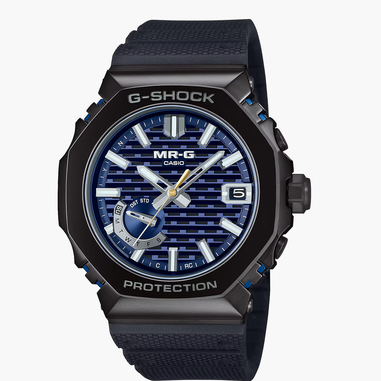 G-Shock MR-G blue-lined titanium watch with black steel bracelet, front view