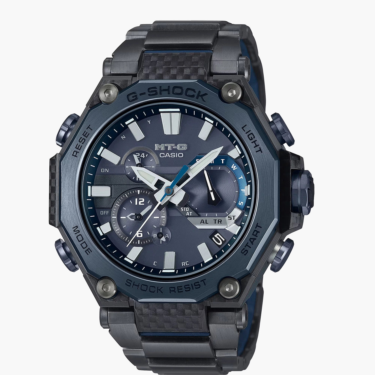 G-Shock MT-G Blue Fusion watch with black steel bracelet, front view