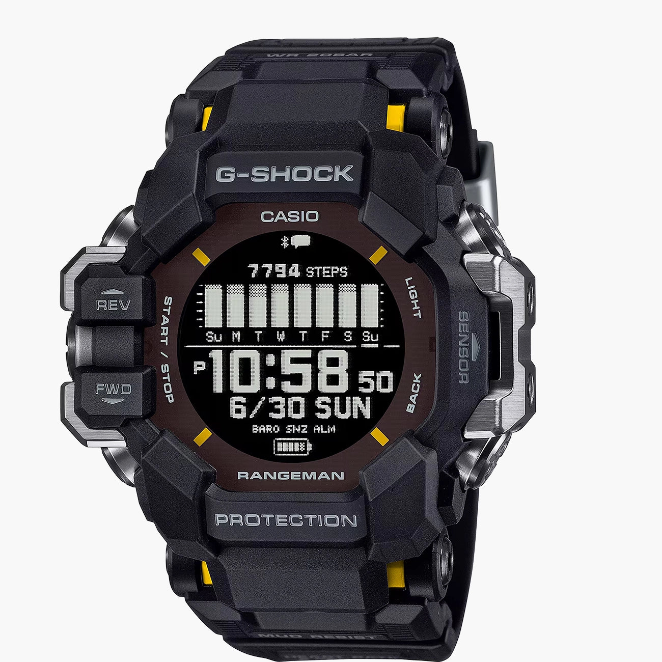 G-Shock Rangeman watch with black dial and yellow accents, front view
