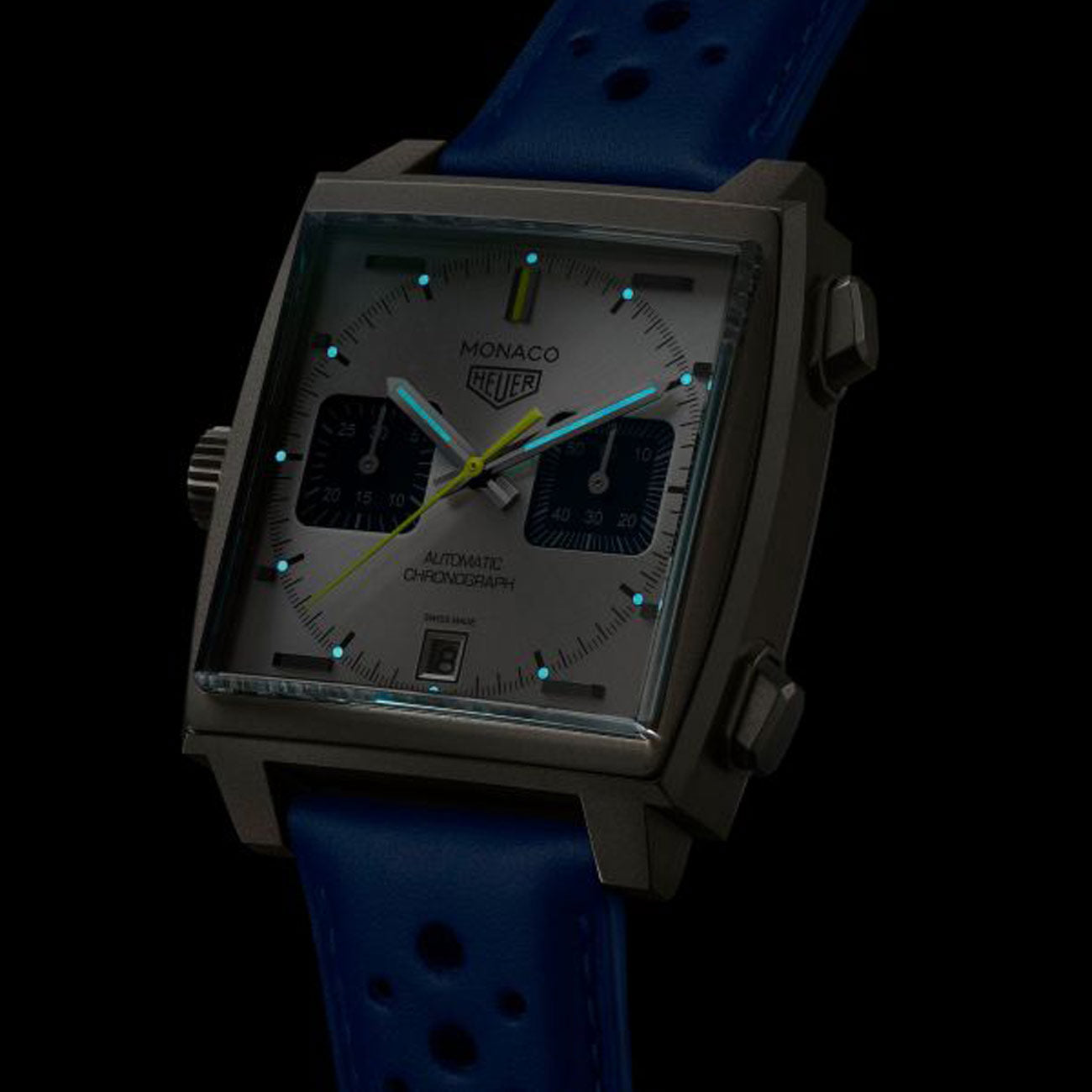 TAG Heuer Monaco Chronograph Silver and Blue Dial Leather Strap - 39mm