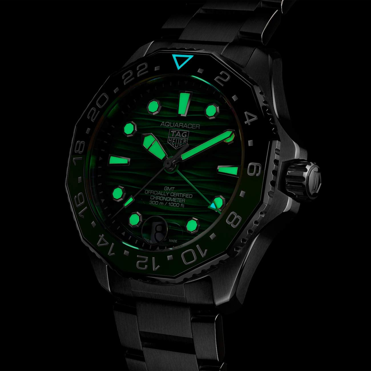 TAG Heuer Aquaracer Professional 300 GMT Green Dial Steel Bracelet - 42mm