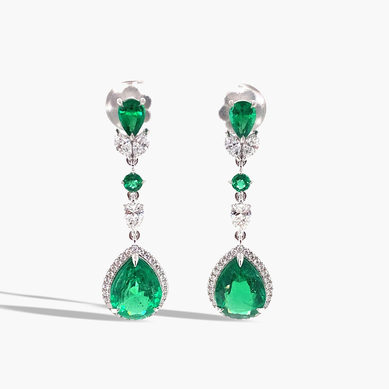 Private Label Emerald and Diamond Pear-Shaped Drop Earrings in 18K White Gold