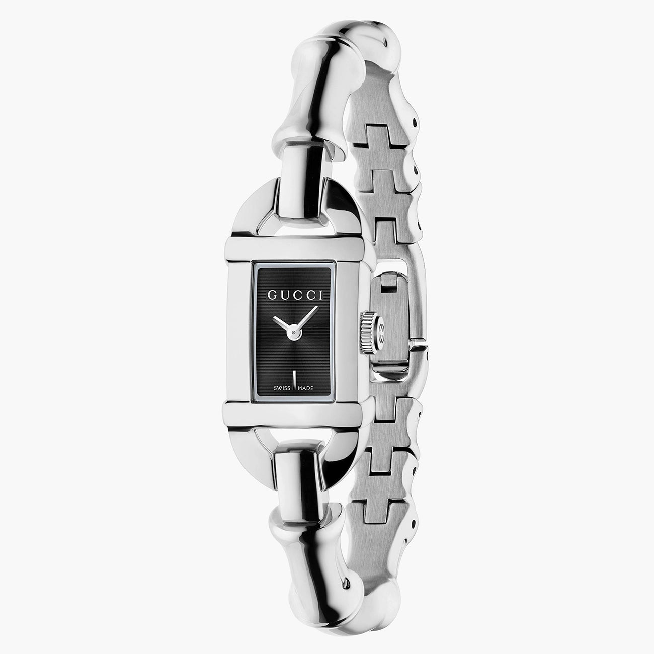 Gucci Bamboo 22mm watch with black dial and steel bangle watch, front view