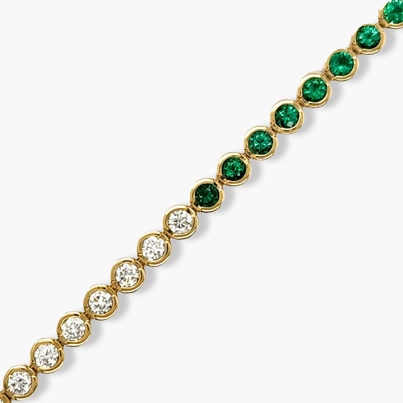 Private Label Emerald and Diamond Round Bezel Set Tennis Bracelet in 18K Yellow Gold