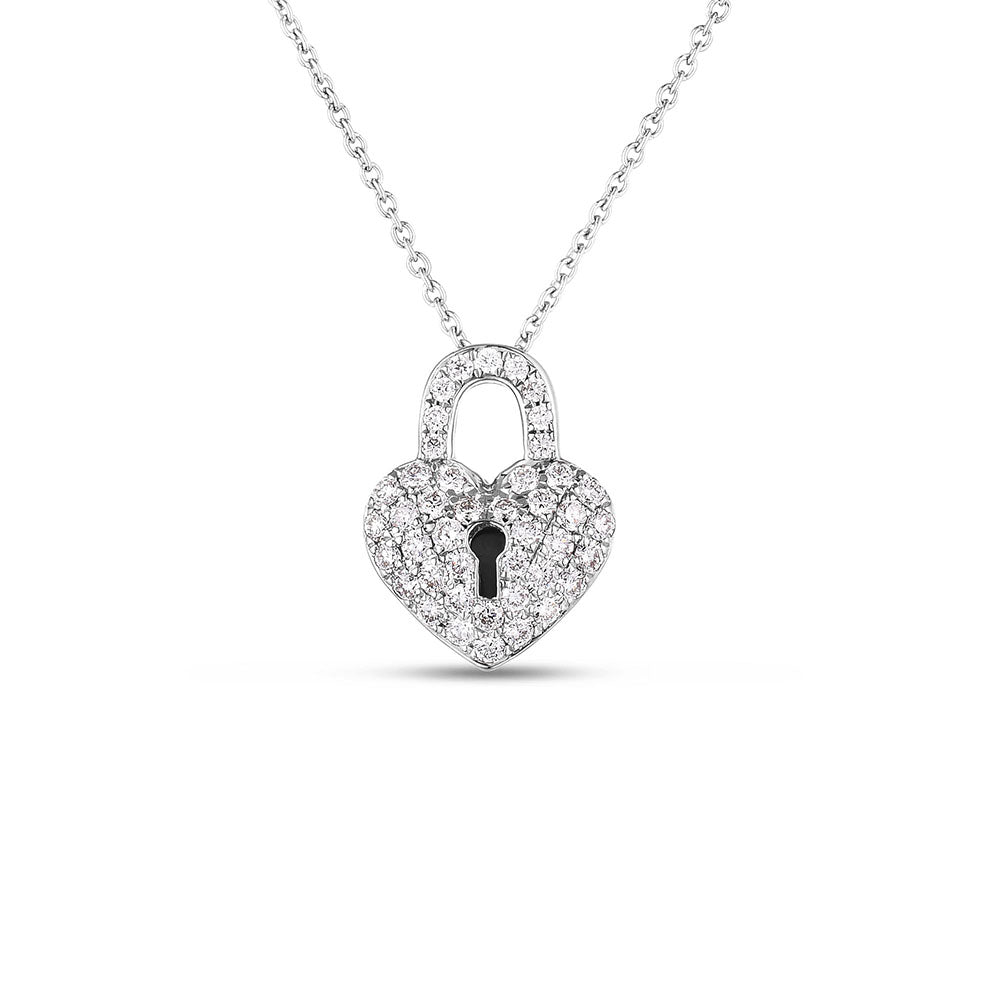 Roberto Coin Tiny Treasures White Gold Diamond Heart Lock Necklace
