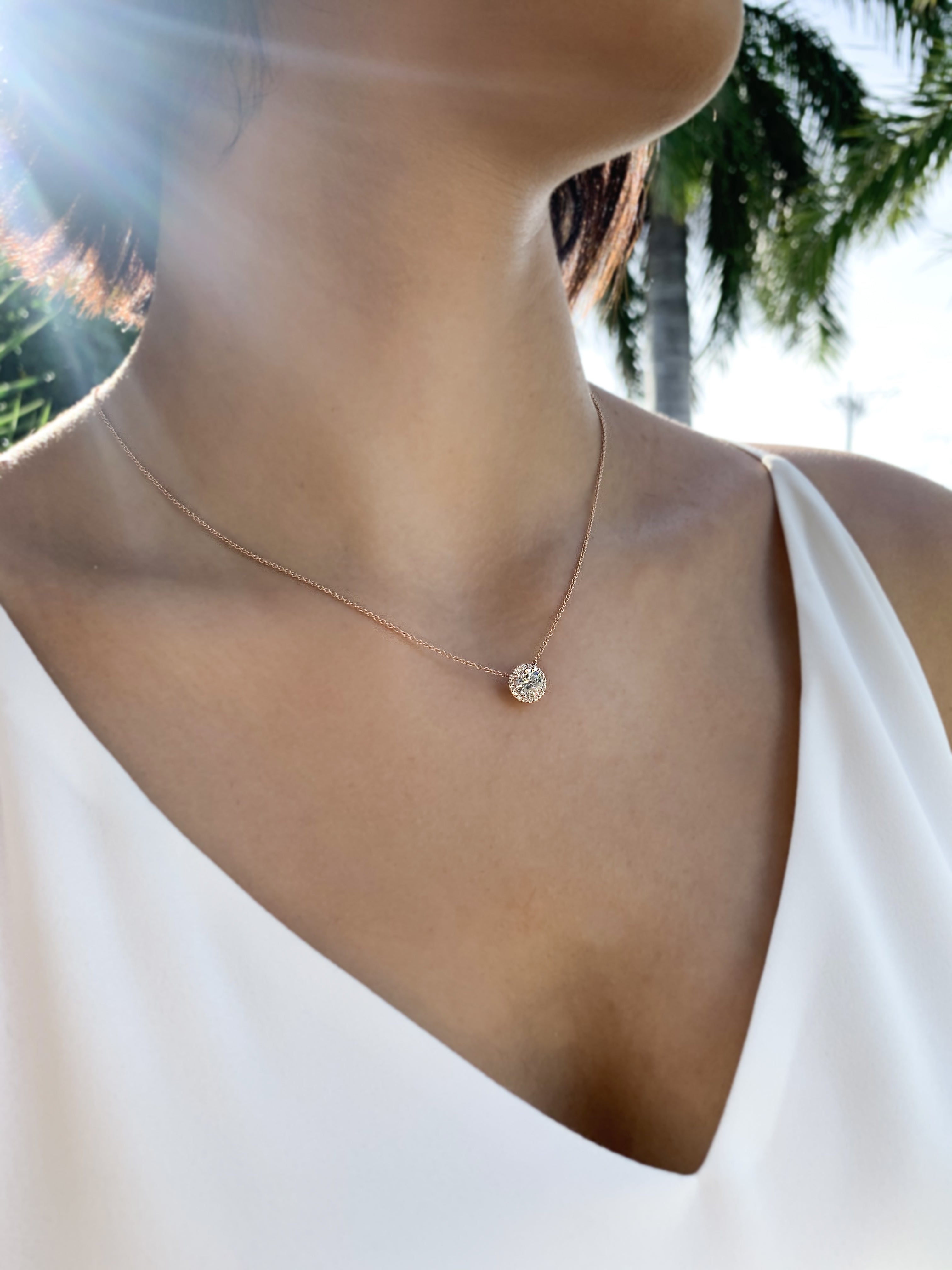 1 Carat Round Diamond Halo Necklace in 14K Rose Gold