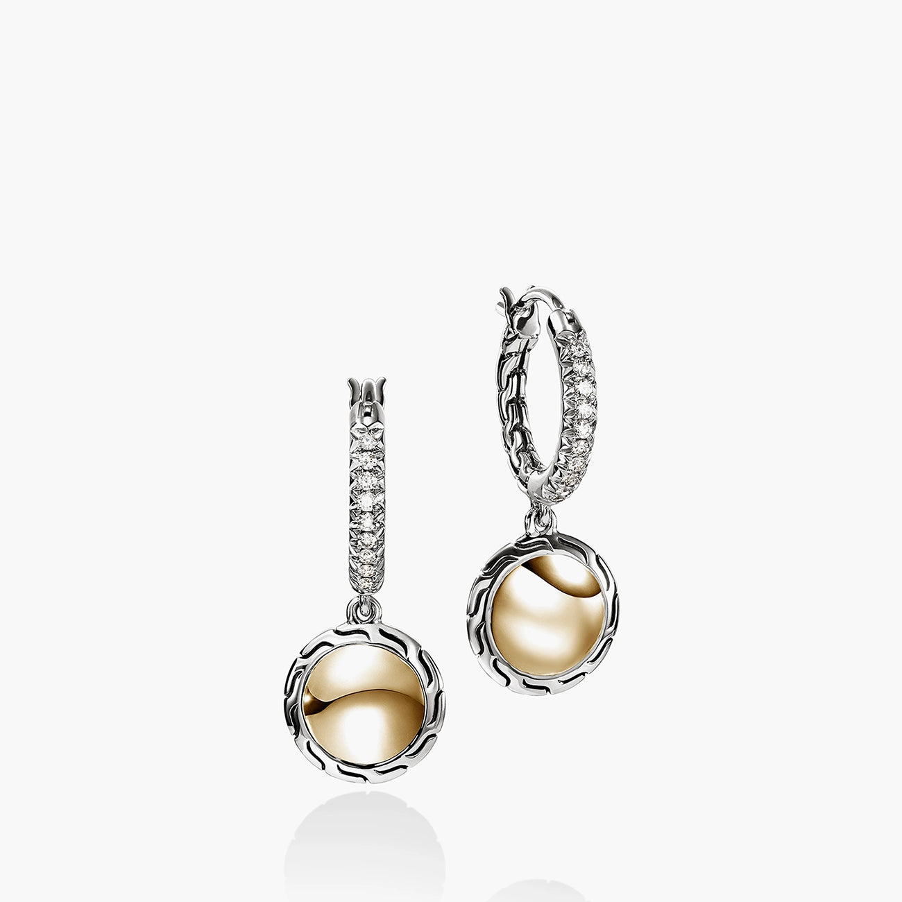 14K gold and silver Diamond Pavé drop earrings with diamond pavé hoops