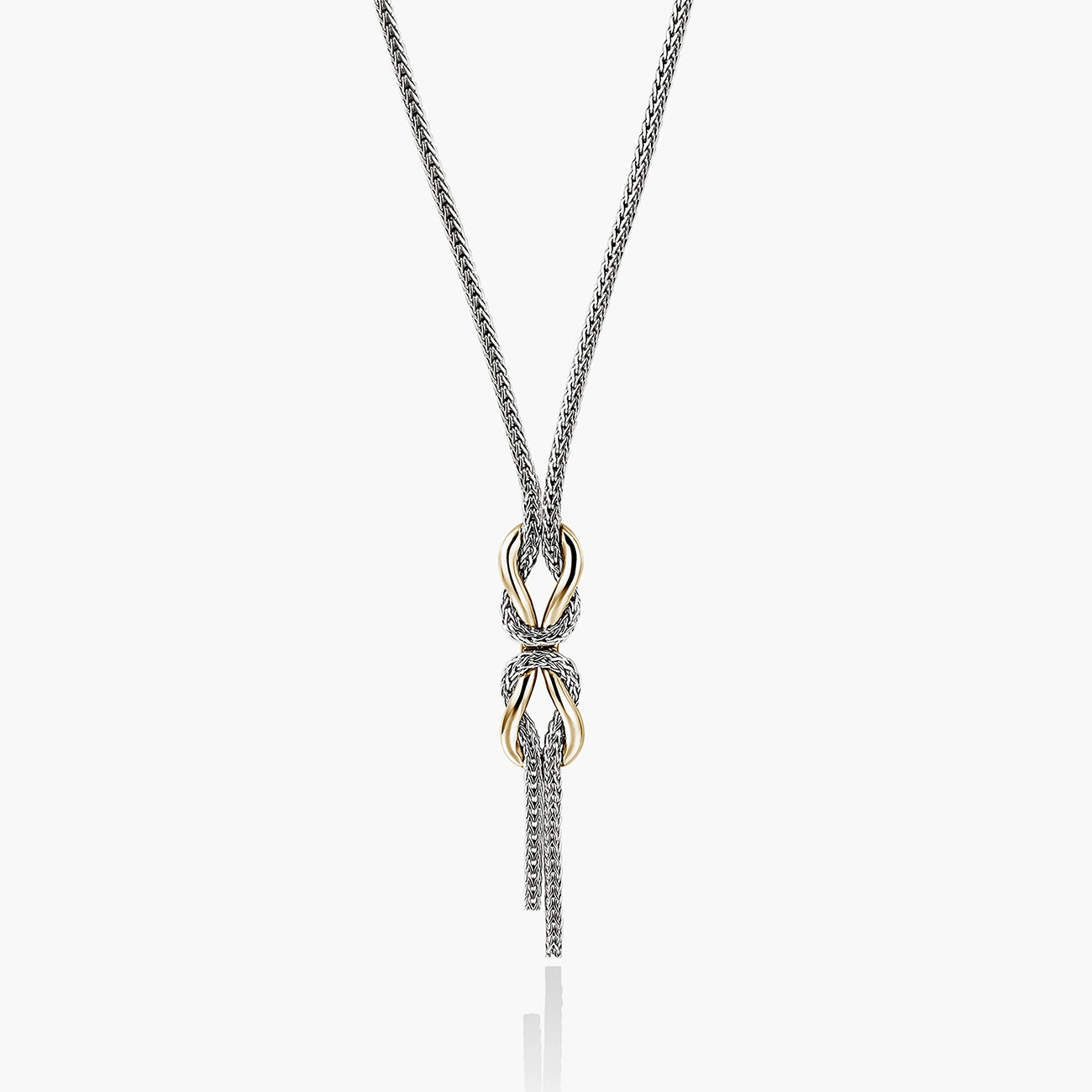 John Hardy infinite love knot two-tone gold and silver necklace with tassel, 16-18 inch adjustable