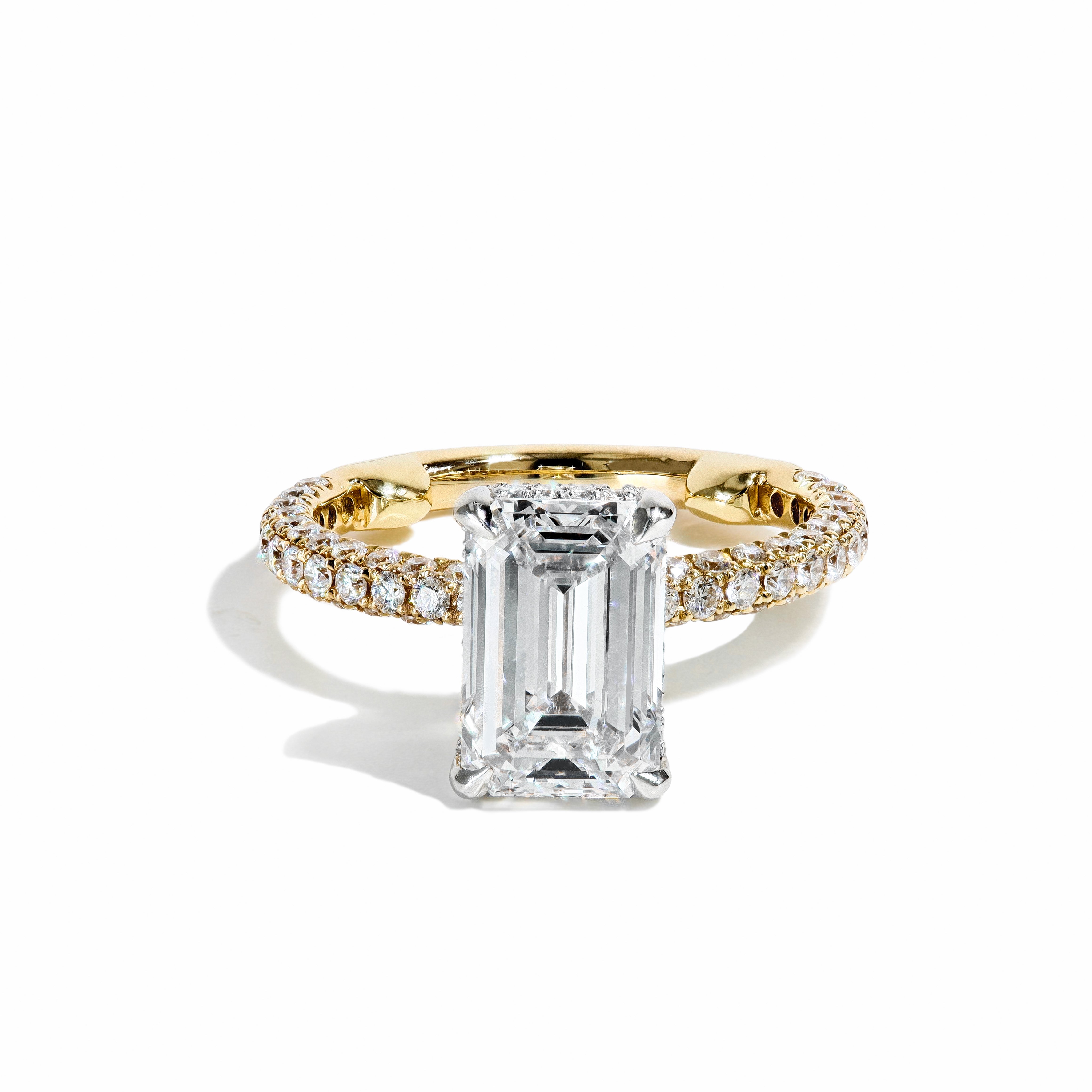 Emerald Cut Three Row Pave Engagement Ring Setting