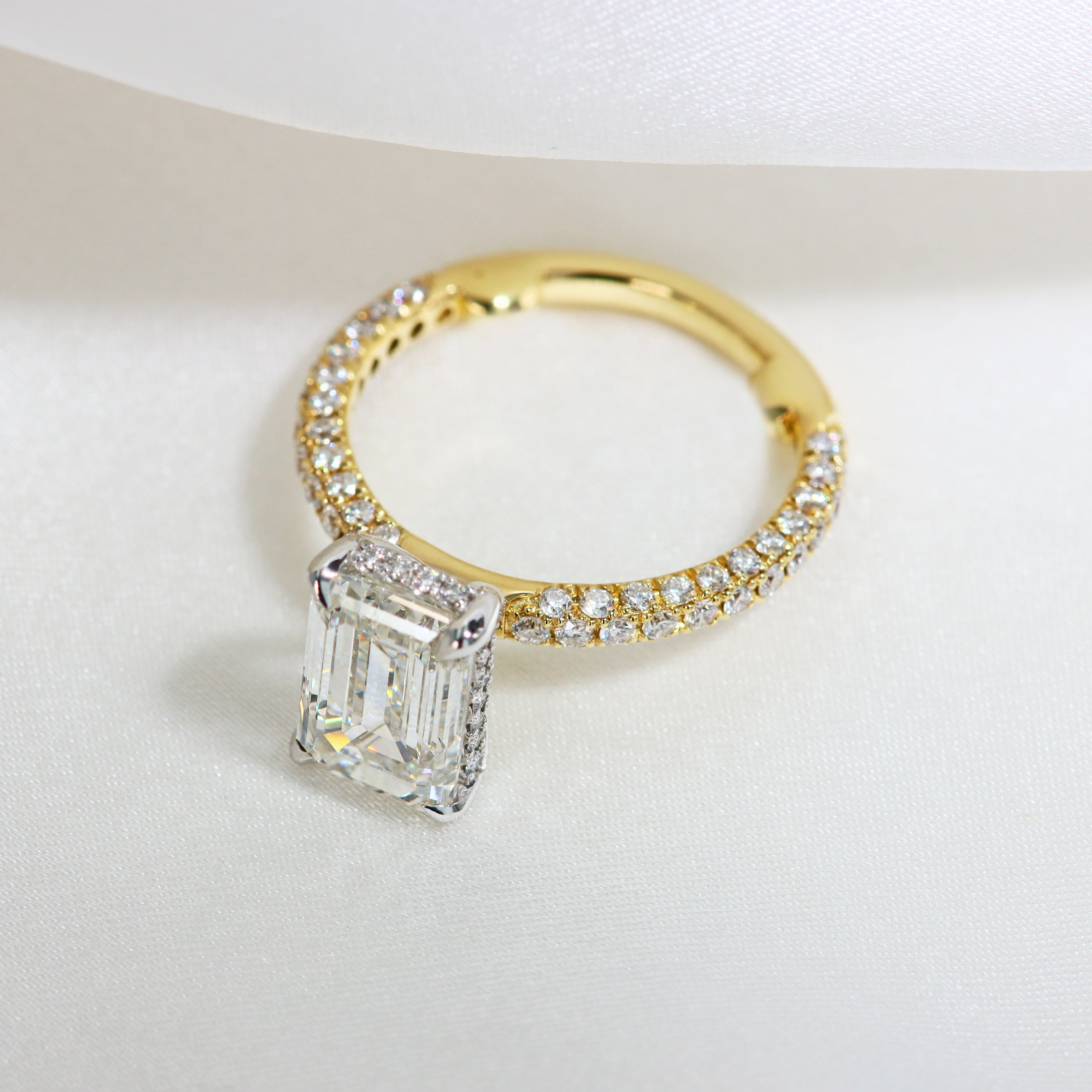 Emerald Cut Three Row Pave Engagement Ring Setting