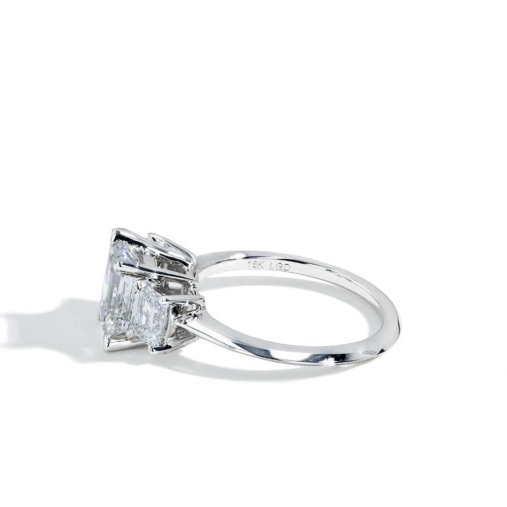 2 Carat Lab Grown Emerald Cut Diamond Three Stone Engagement Ring