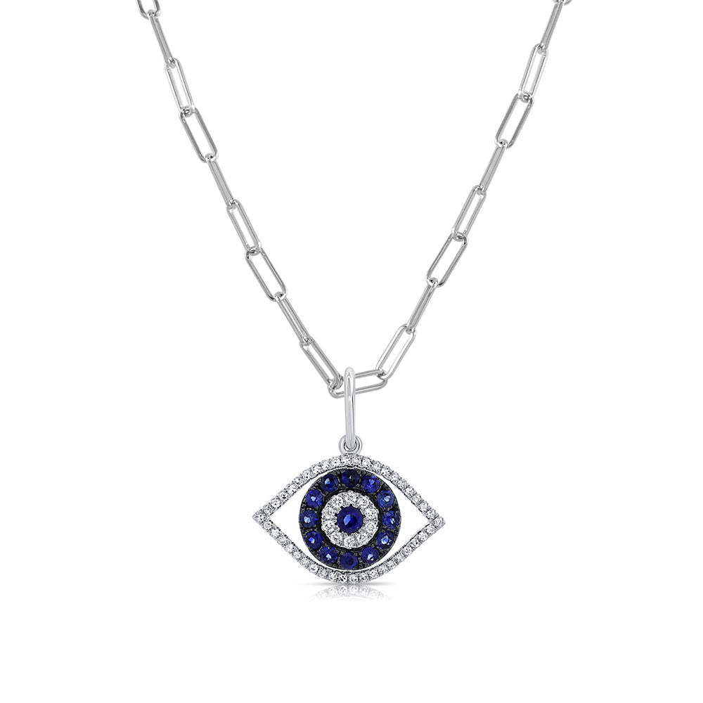 Diamond and Sapphire Evil Eye Pendant Paperclip Necklace