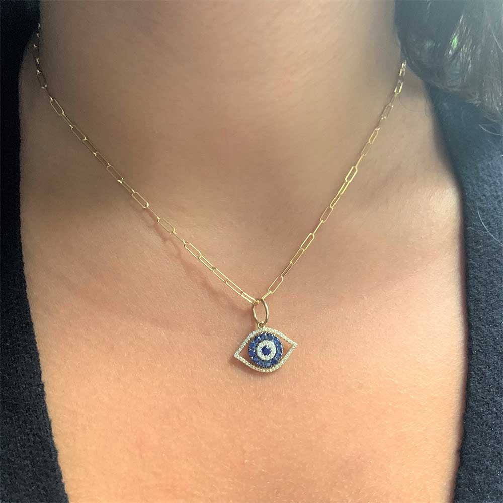 Diamond and Sapphire Evil Eye Pendant Paperclip Necklace