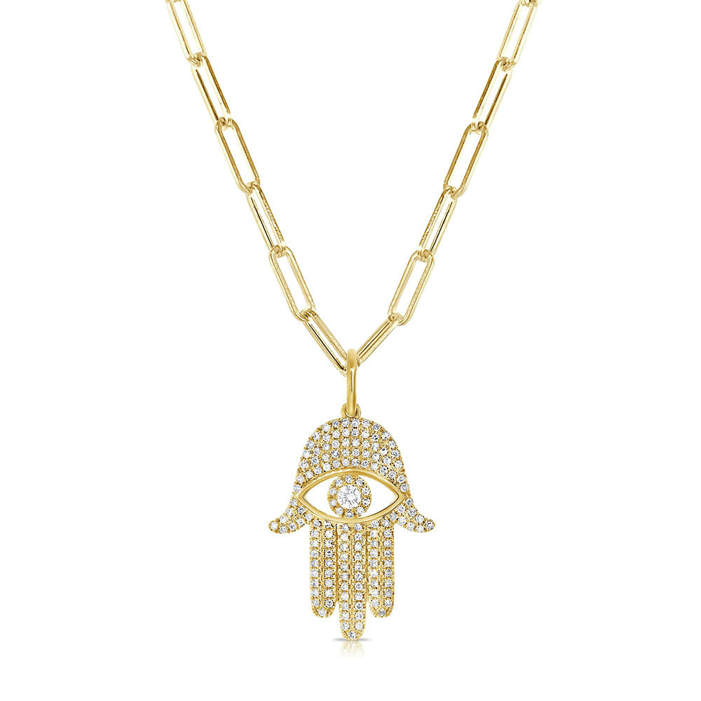 Diamond Hamsa Pendant Paperclip Necklace