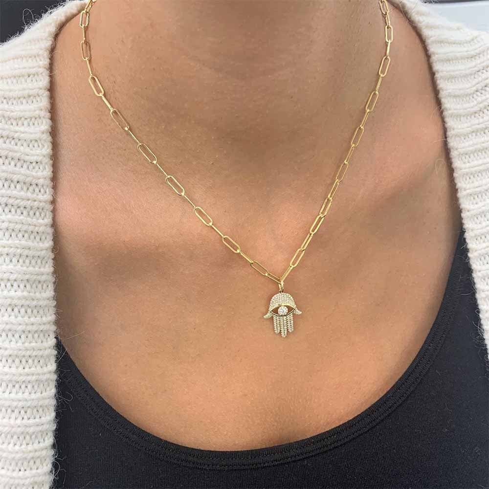 Diamond Hamsa Pendant Paperclip Necklace