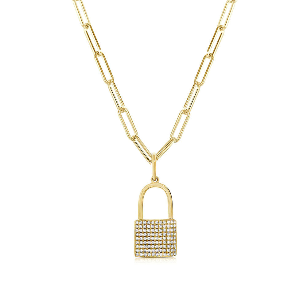 Diamond Lock Pendant Paperclip Necklace