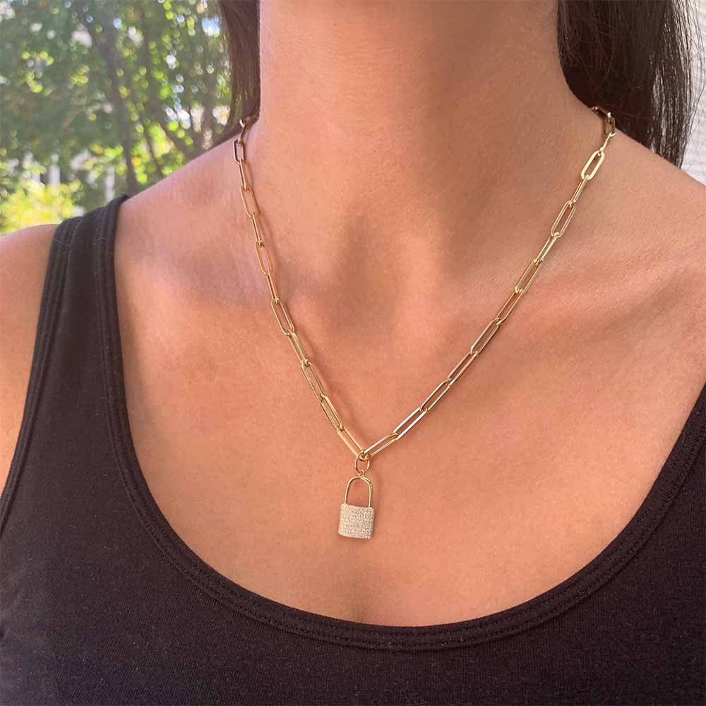 Diamond Lock Pendant Paperclip Necklace