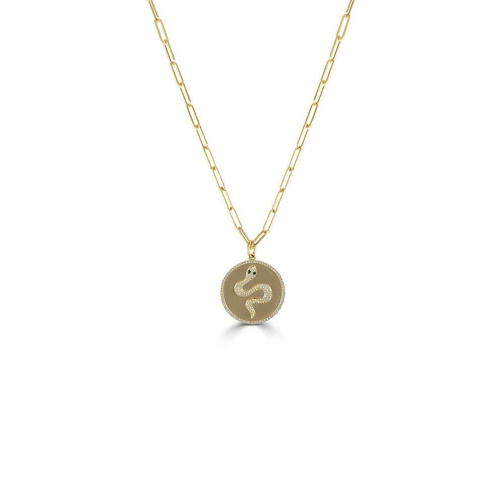 Diamond and Tsavorite Snake Disc Pendant Paperclip Necklace