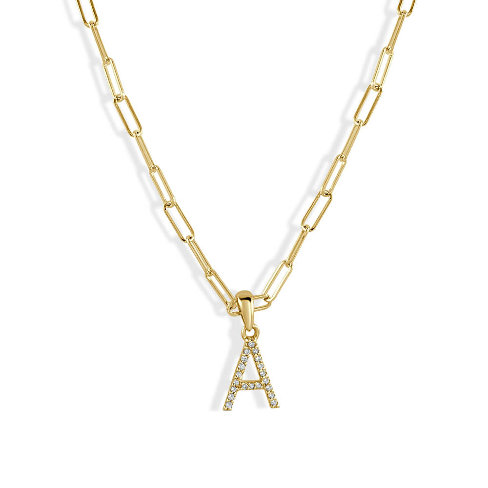 Small Initial Diamond Pendant With Paperclip Necklace