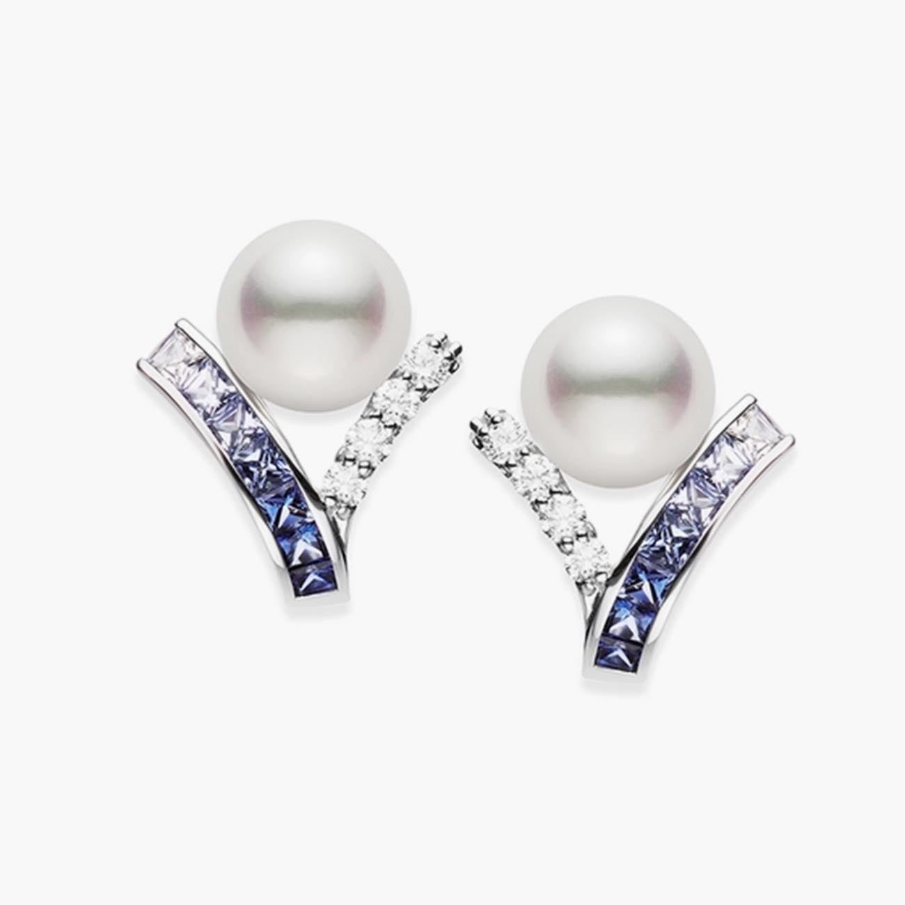 Mikimoto Ocean Collection Akoya Cultured Pearl and Blue Sapphire Earrings
