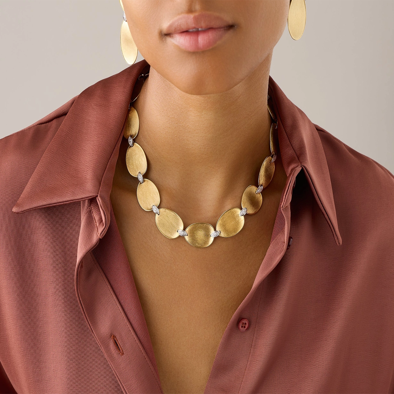 Marco Bicego Lunaria Large Petal Necklace with Diamonds in 18K Yellow Gold and 18K White Gold on a woman