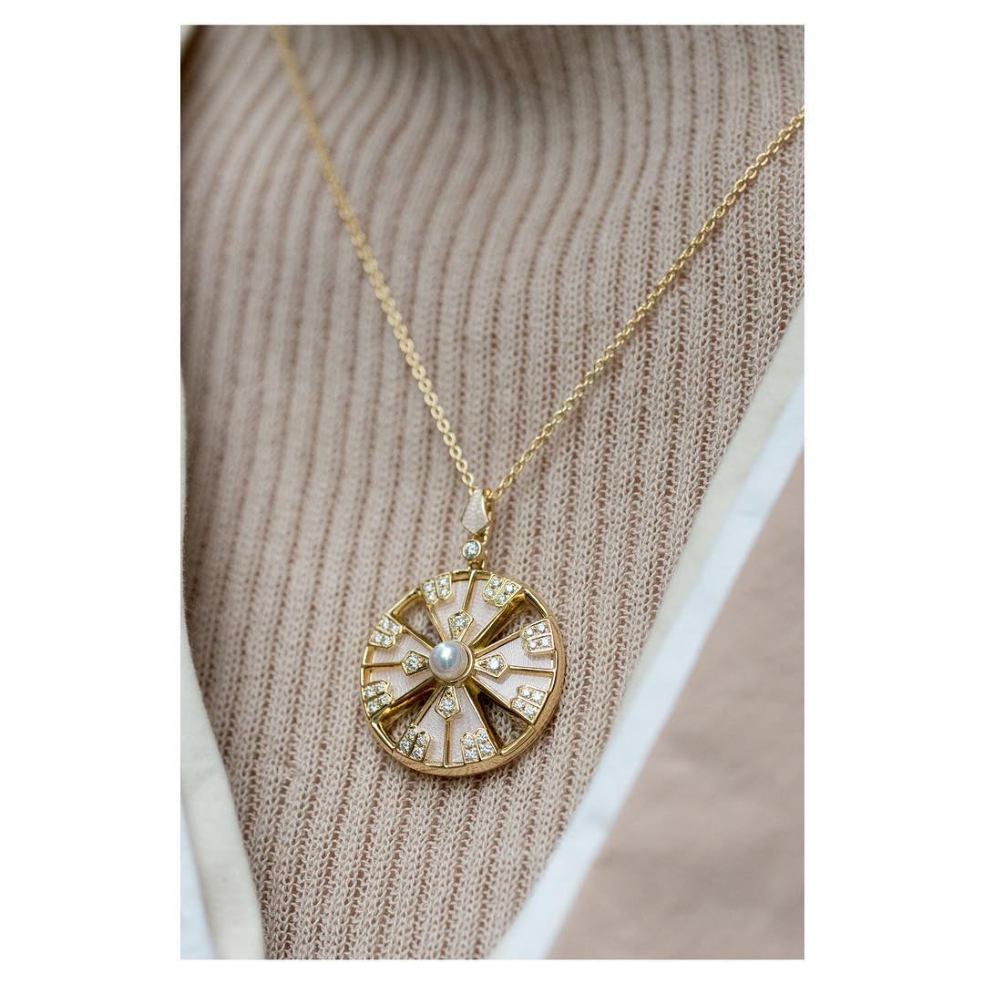 Mikimoto Yellow Gold Akoya Pearl & Diamond Yaguruma Pendant Necklace