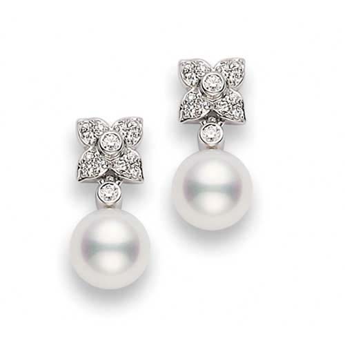 Mikimoto Akoya Pearl & Diamond White Gold Earrings 6.5-7mm A+