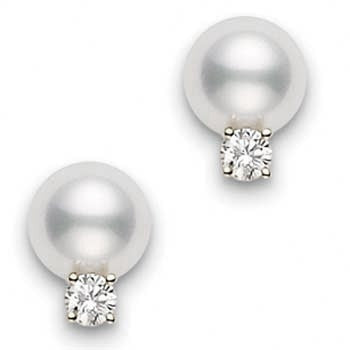Mikimoto 8mm AA Pearl Diamond Gold Stud Earrings