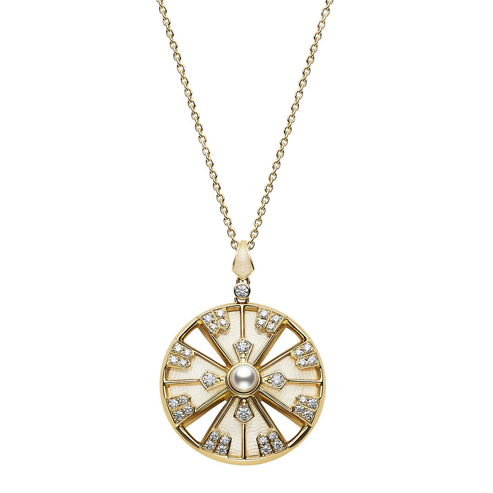 Mikimoto Yellow Gold Akoya Pearl & Diamond Yaguruma Pendant Necklace