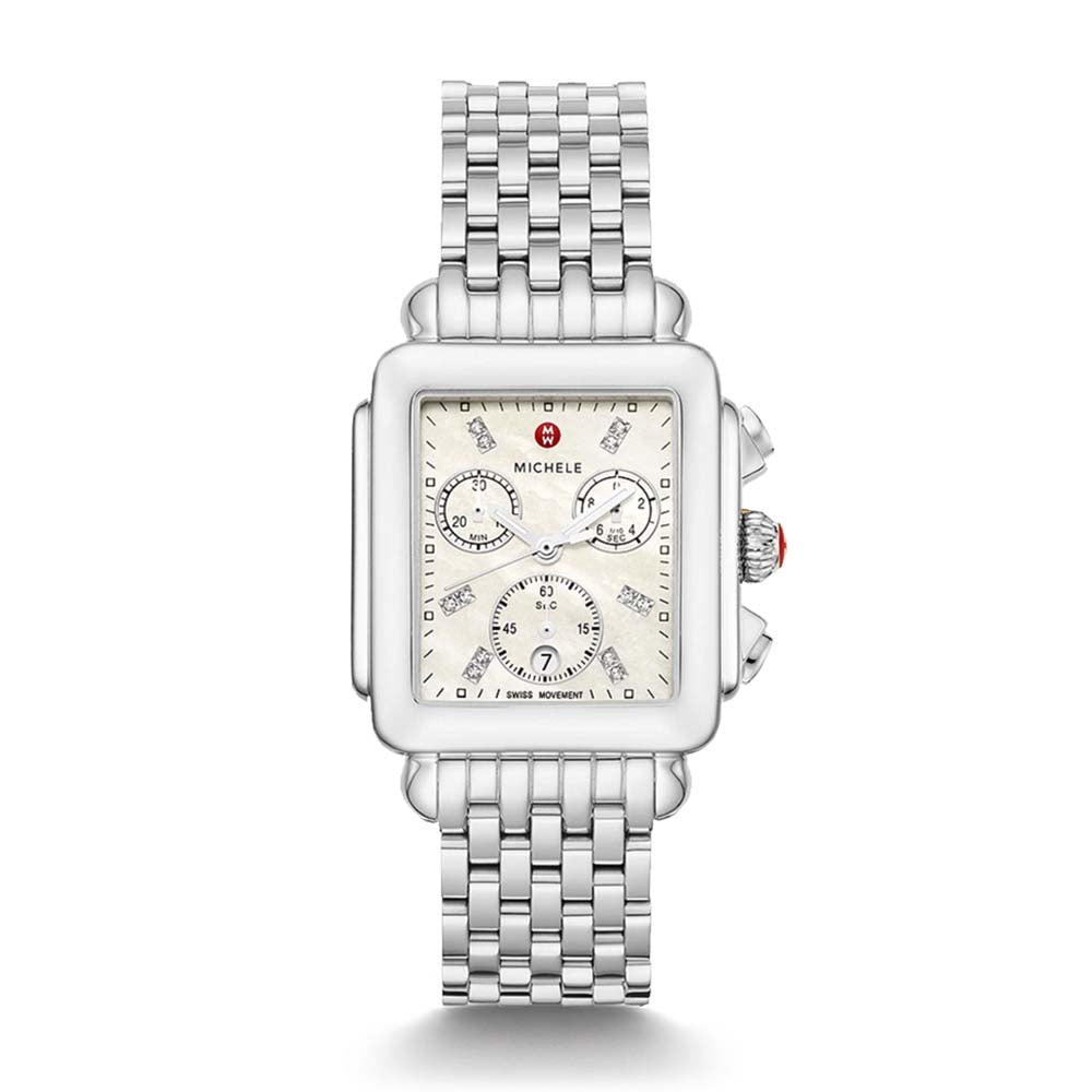 Michele Deco Stainless Steel White Mother of Pearl Dial Watch