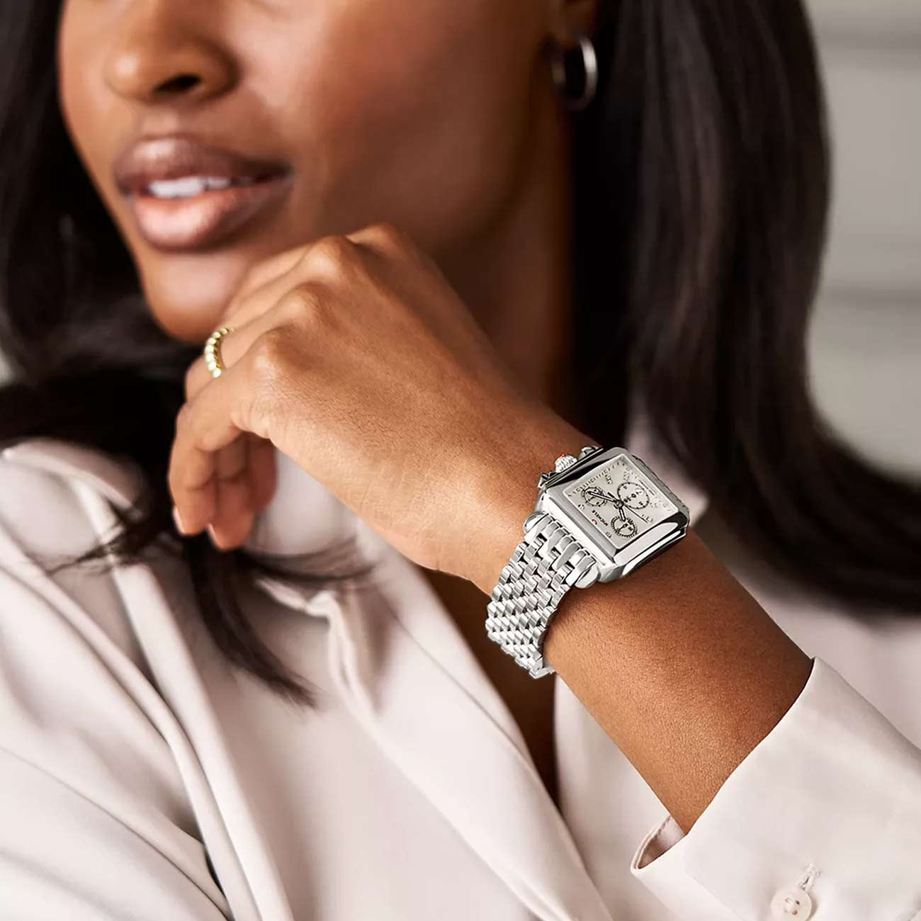 Michele Deco Stainless Steel White Mother of Pearl Dial Watch