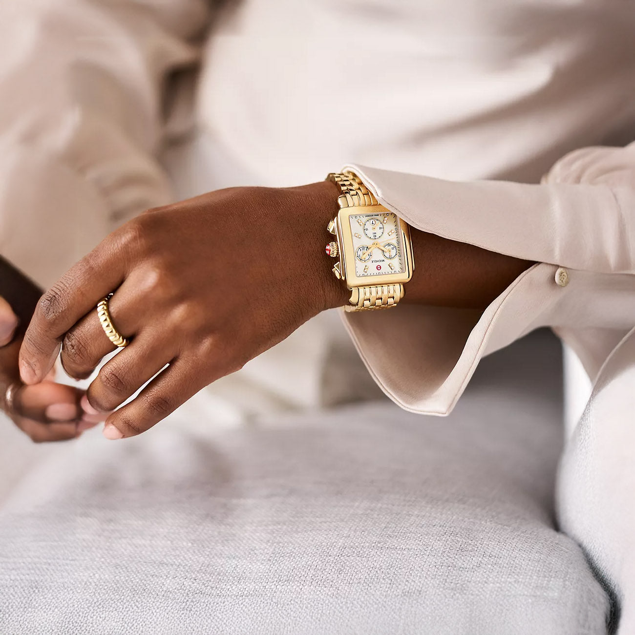 Michele Deco Yellow Gold Diamond & White Mother of Pearl Watch on Bracelet