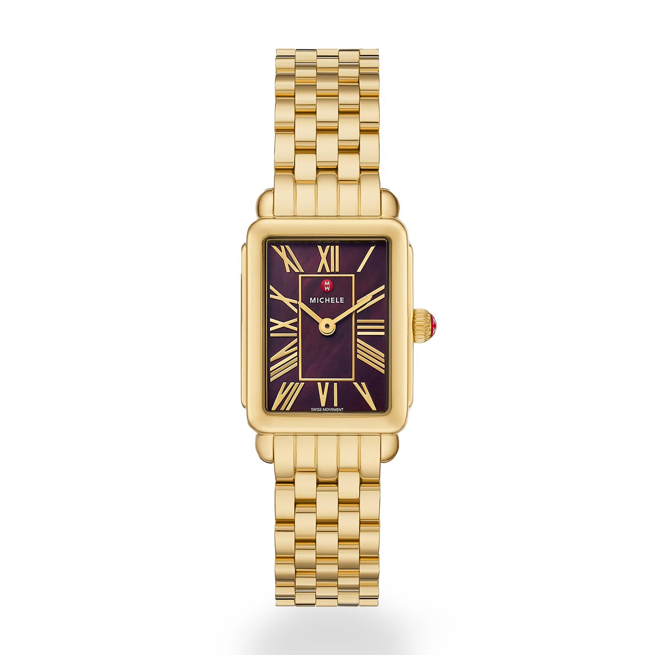 Michele Deco Park Dark Cherry Dial Gold Watch