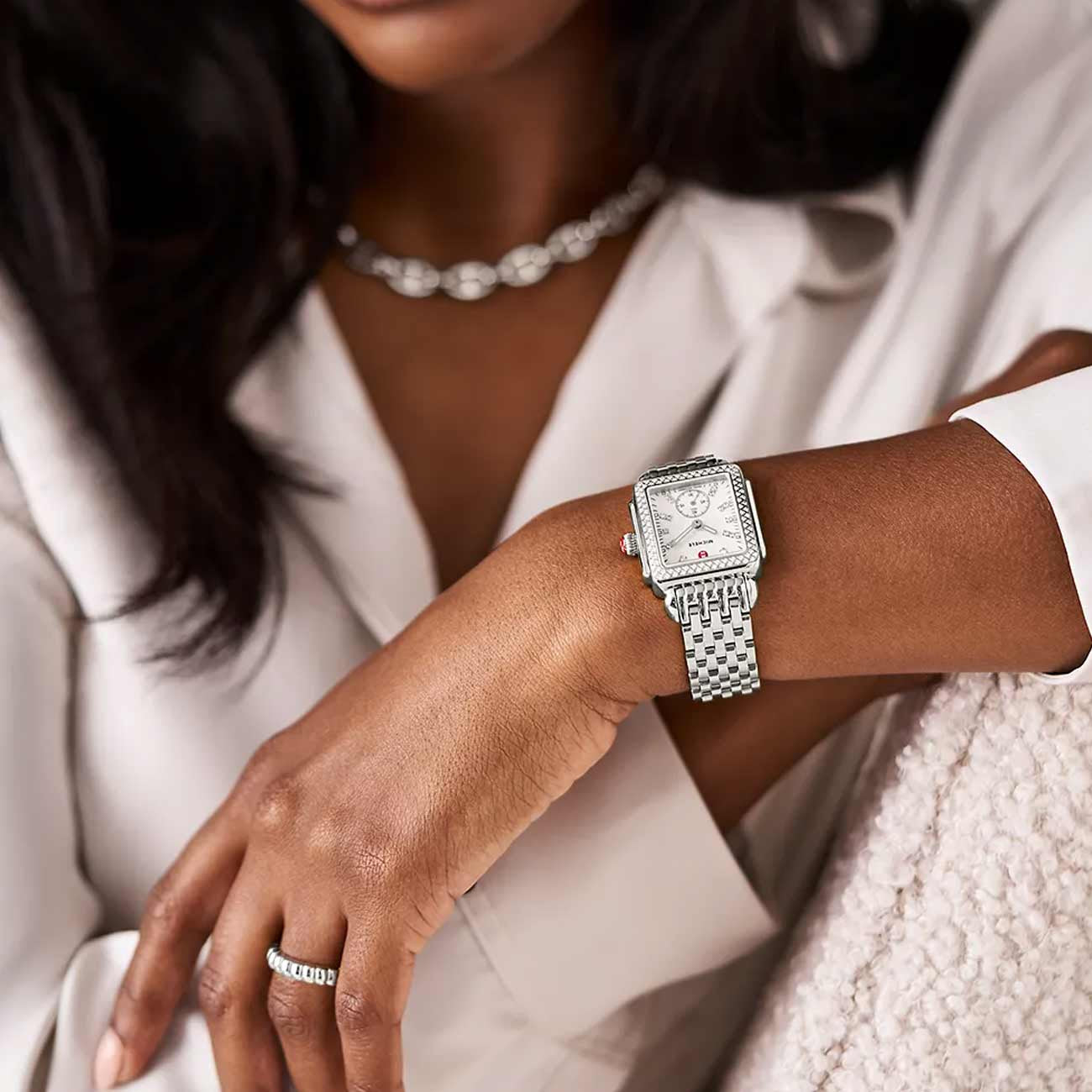 Michele Deco Mid Diamond Bezel Stainless Steel Watch