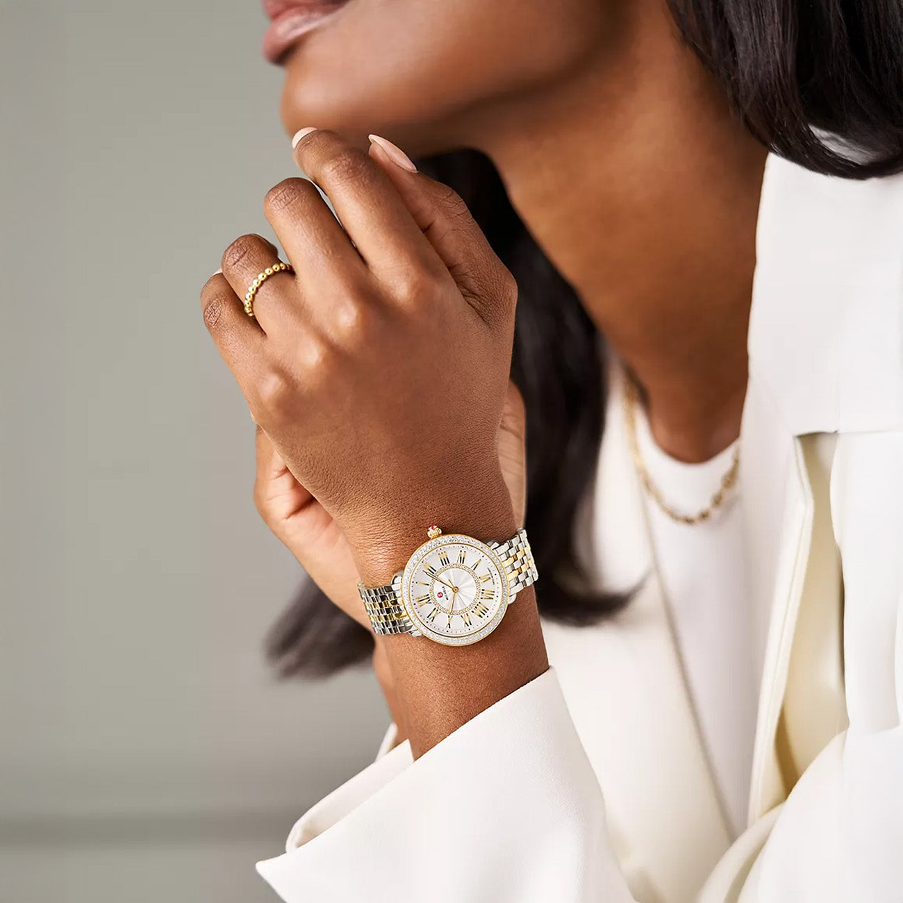 Michele Serein 16 Two Tone Silver White Sunray Dial with Diamond Bezel Watch