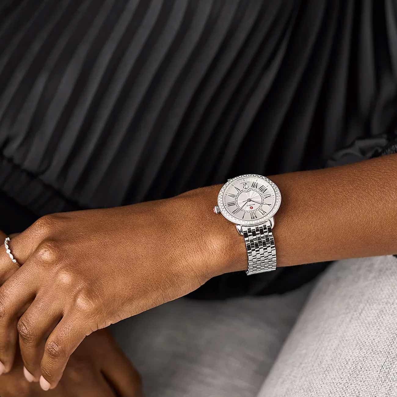 Michele Serein 16 Silver White Sunray Dial with Diamond Bezel Watch