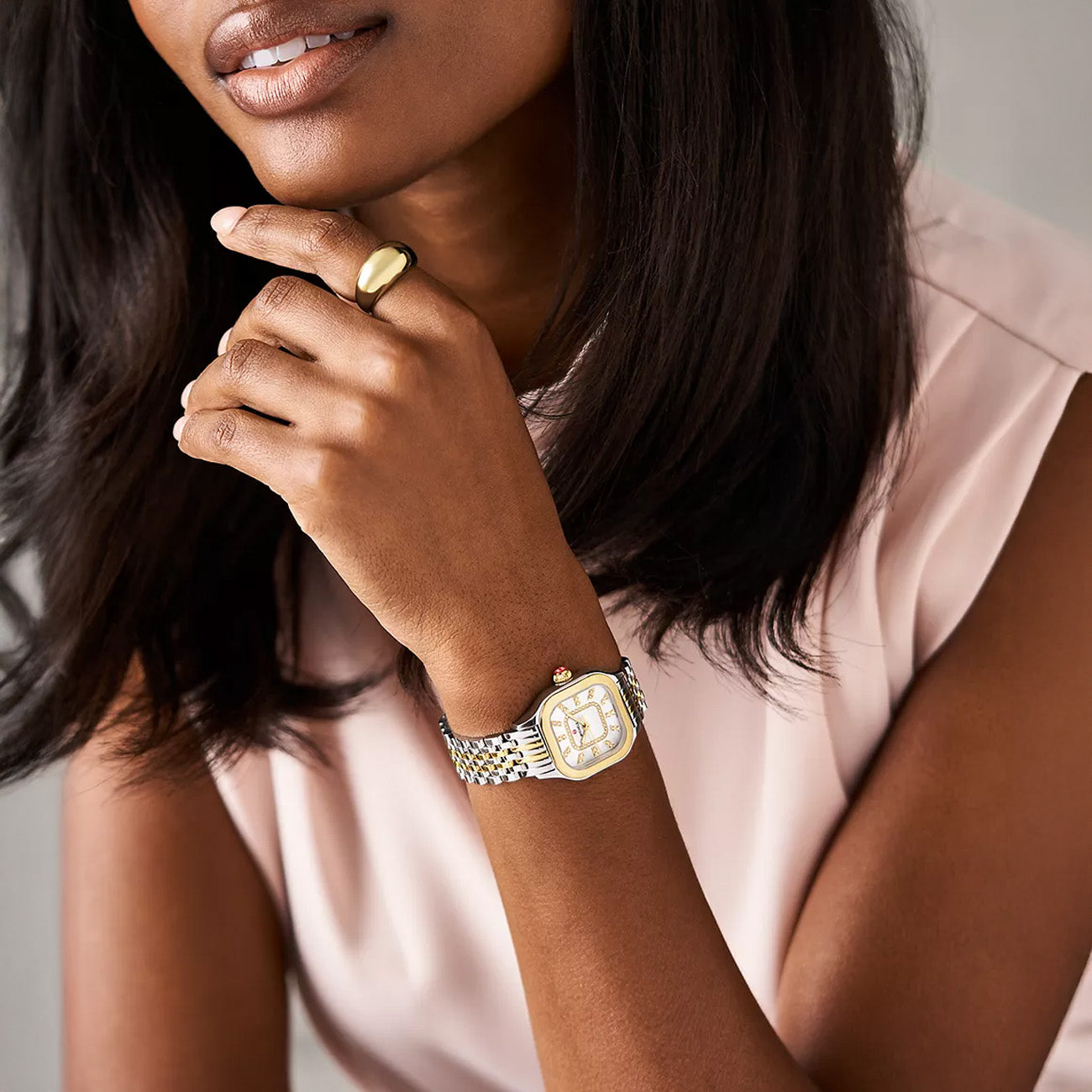 Michele Meggie Mother of Pearl Diamond Dial Two-Tone Watch