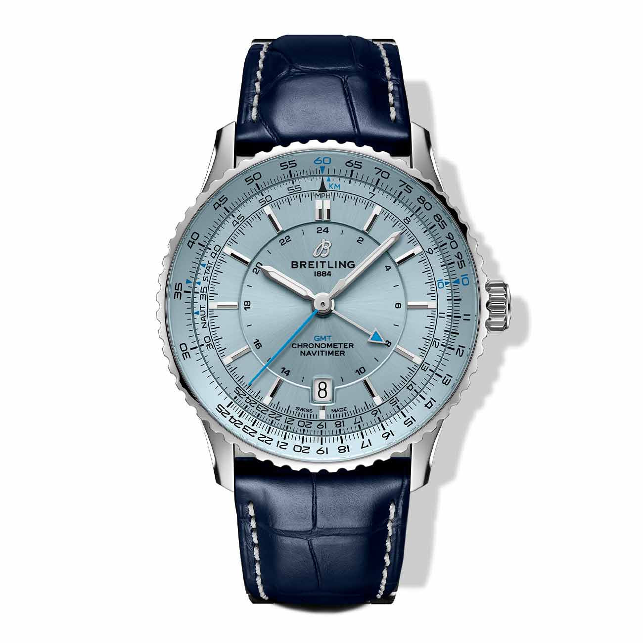 Breitling Navitimer Automatic GMT 41 Light Blue Dial on Alligator Leather- 41mm