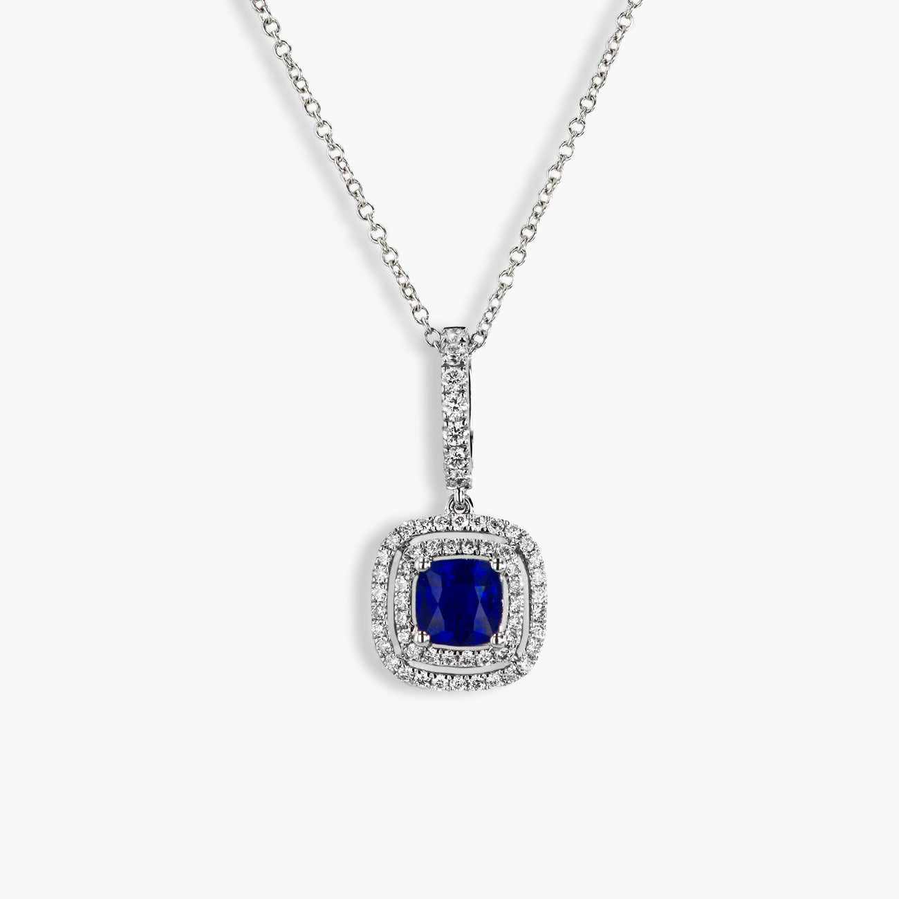 Blue Sapphire Double Halo Cushion Pendant