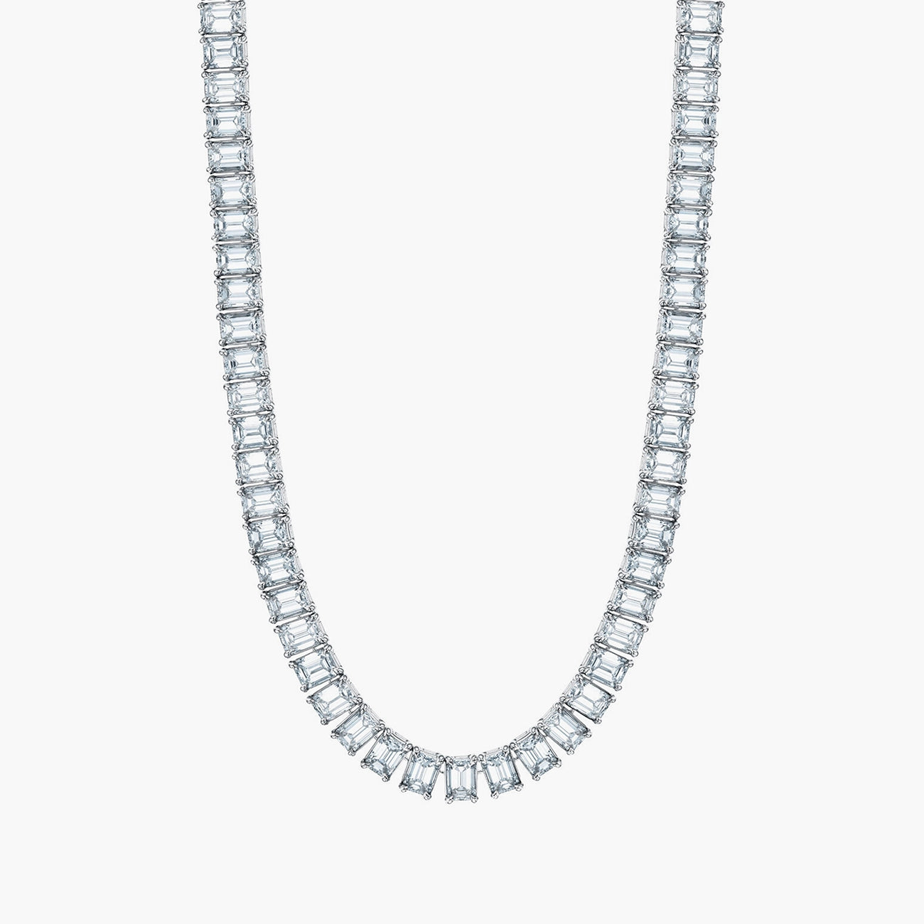 North-south emerald diamond tennis necklace in 18K white gold with 17.9ct diamonds, front view