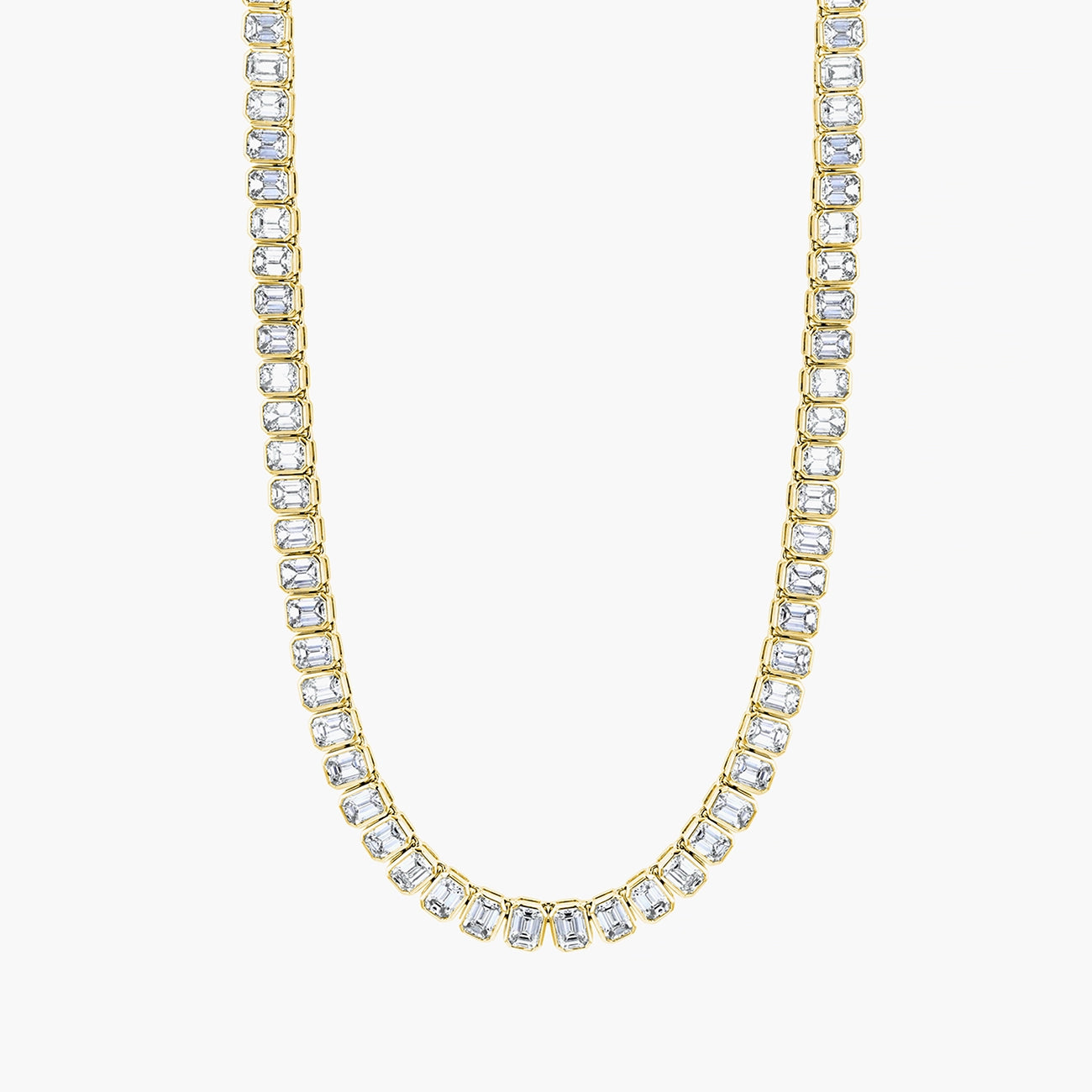 North-south emerald diamond tennis necklace in 18K yellow gold with 13.1ct diamonds, front view