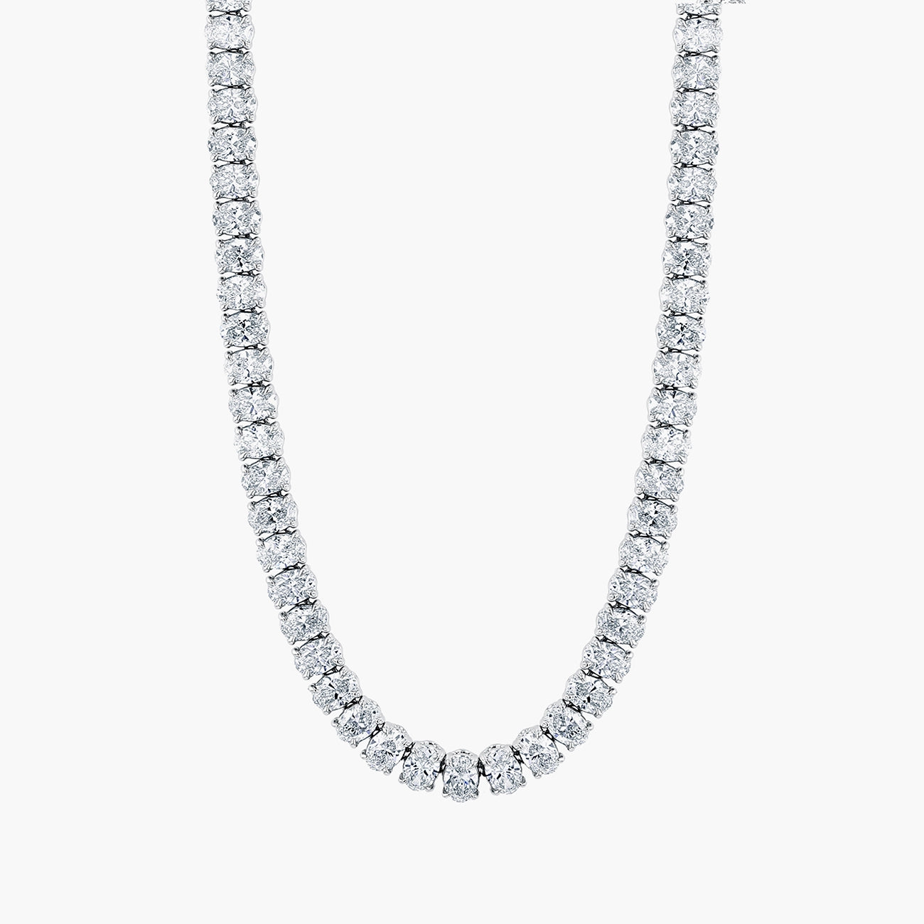 North-south oval diamond tennis necklace in 18K white gold, front view