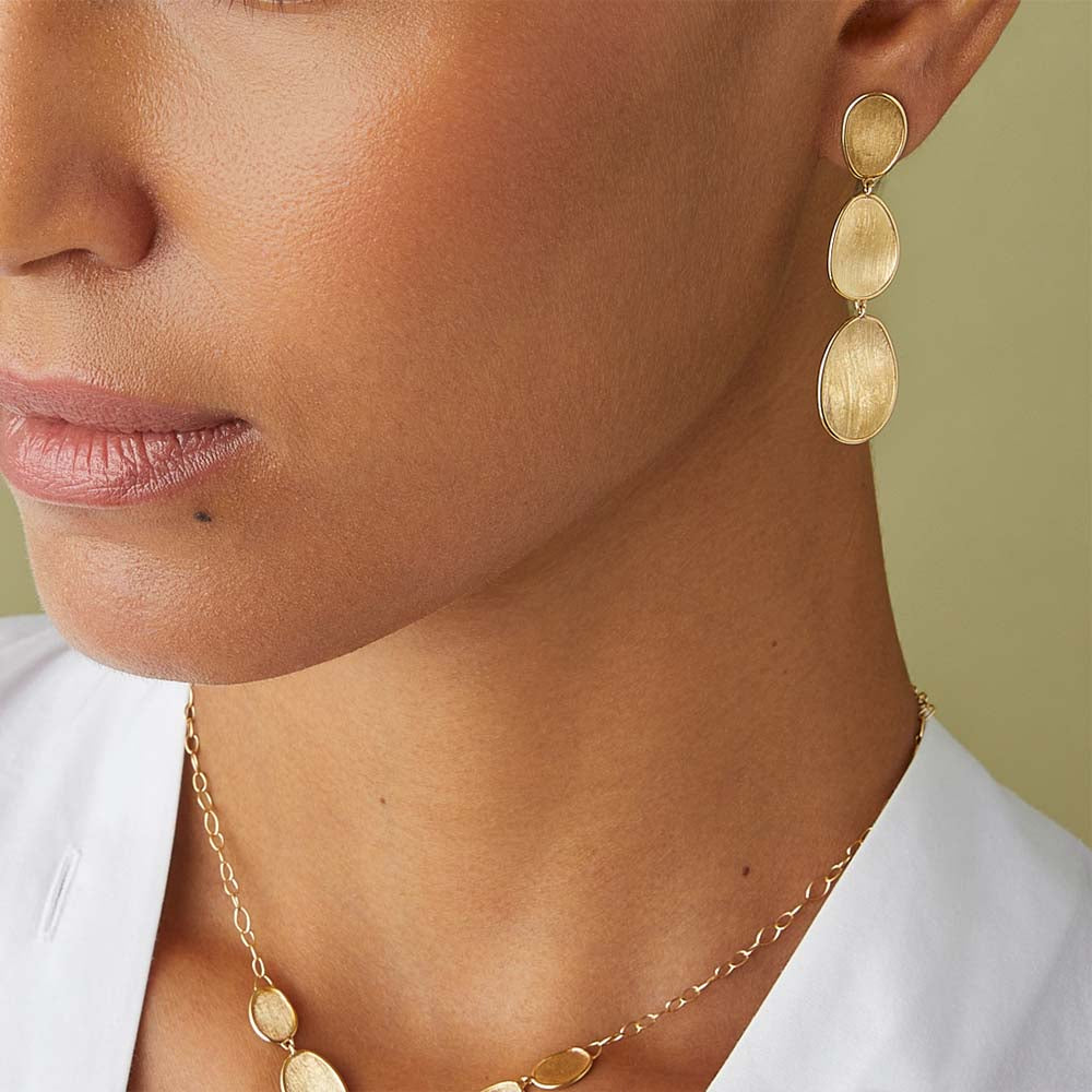 Marco Bicego Lunaria Yellow Gold Oval Leaf Three Tier Drop Earrings
