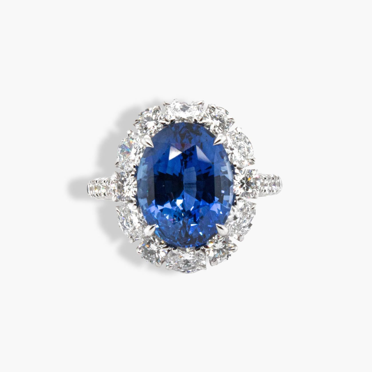 Private Label Blue Sapphire and Diamond Oval Ring in 18K White Gold