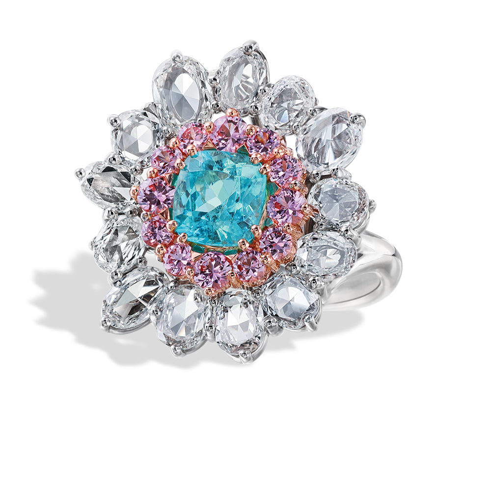 Robert Pelliccia Paraiba Tourmaline Ring With Pink Sapphire and Diamonds