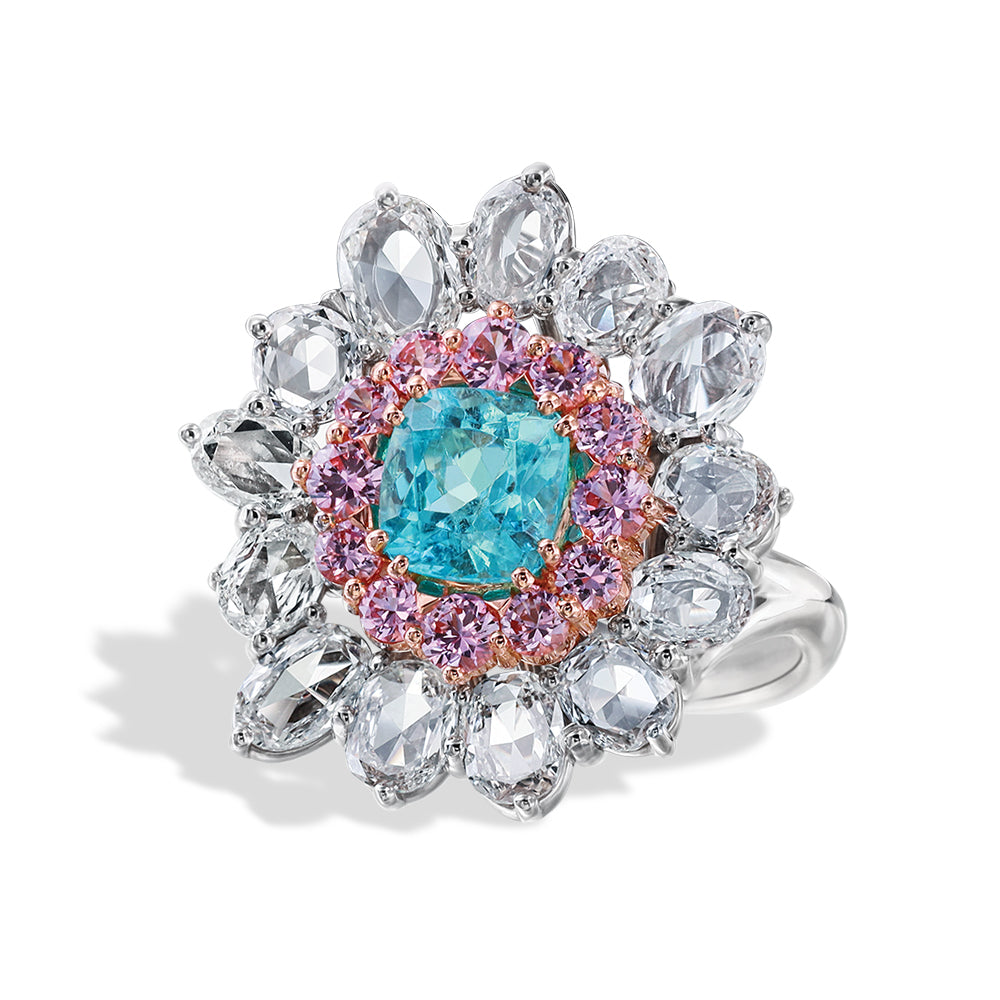 Robert Pelliccia Paraiba Tourmaline Ring With Pink Sapphire and Diamonds