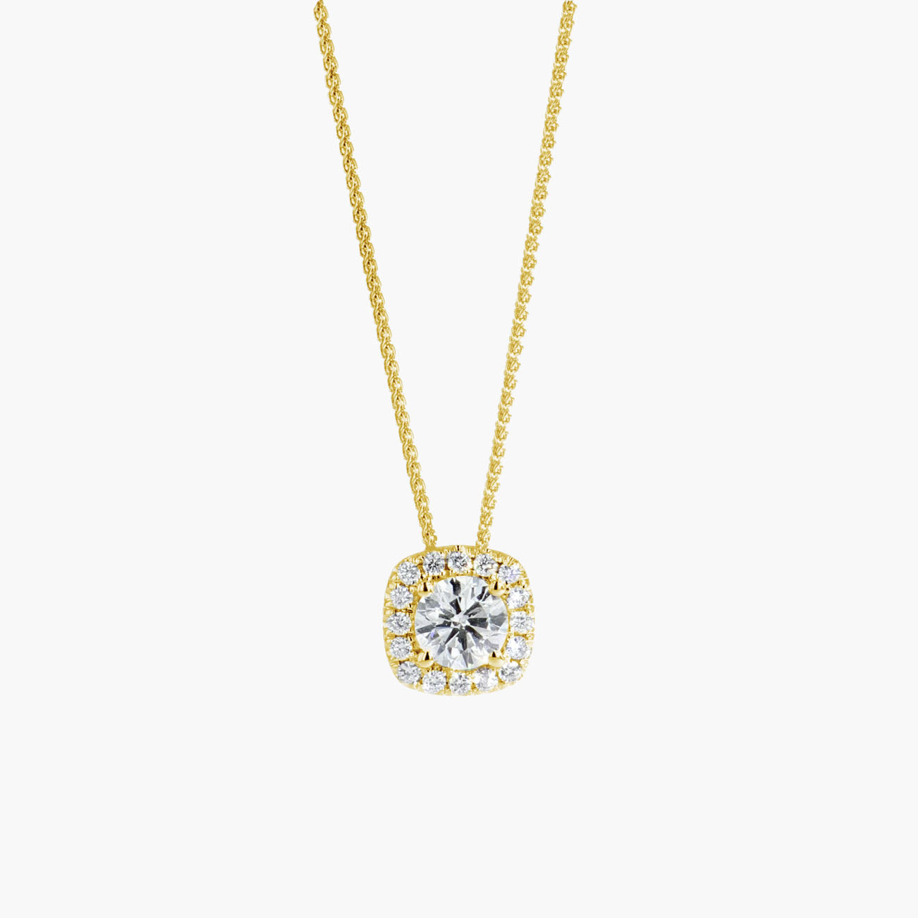 Private Label .75 Carat Round Cushion Halo Necklace in Yellow Gold