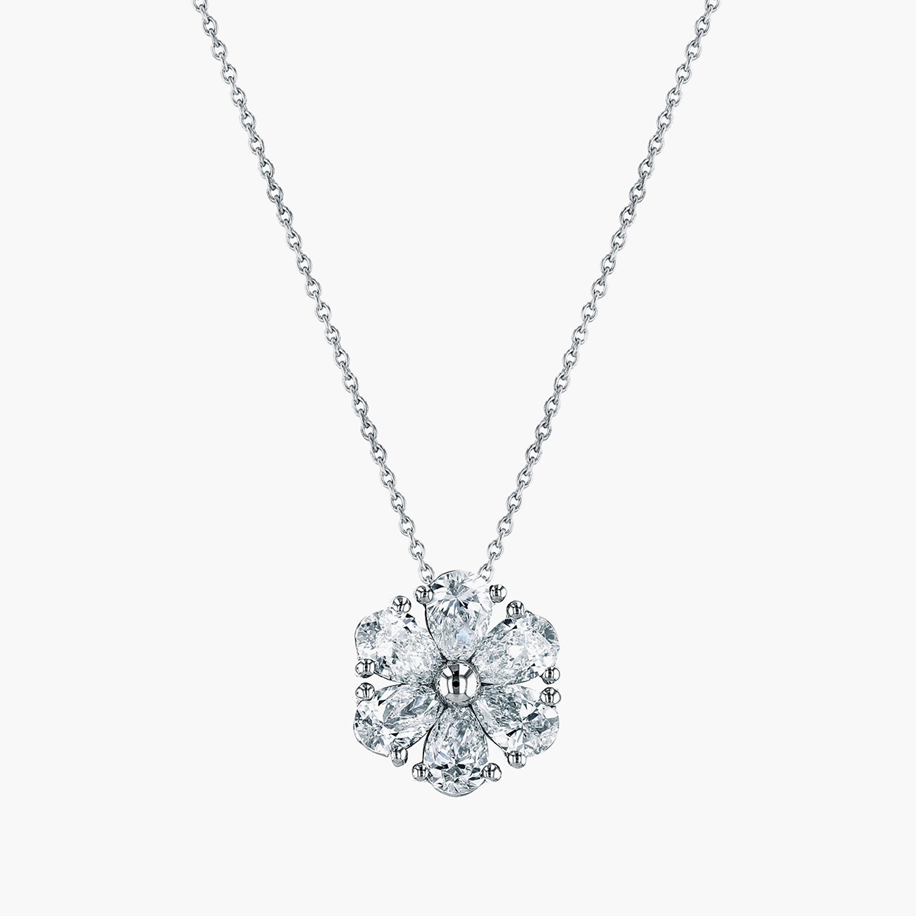 Pear-shaped diamond flower pendant in 18K white gold, front view