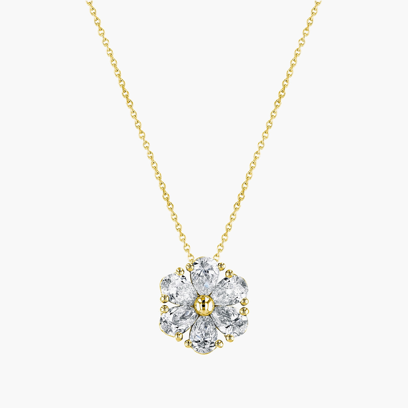 Pear-shaped diamond flower pendant in 18K yellow gold with 1.5ct diamonds, front view